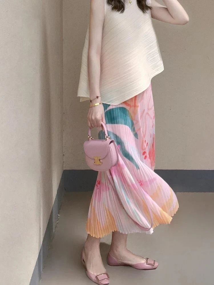 Floral Pleated Slimming High Waist Beach Comfort Skirt