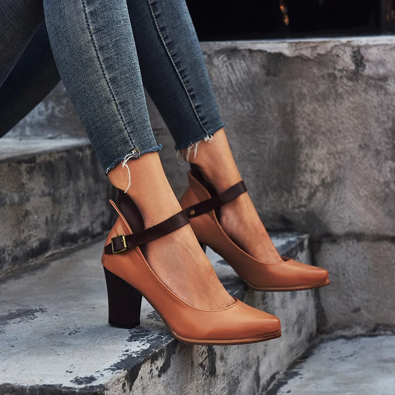 Women's Closed Toe Leather Block Heel Pumps – Buckle Accent Shoes