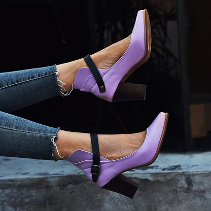 Women's Closed Toe Leather Block Heel Pumps – Buckle Accent Shoes