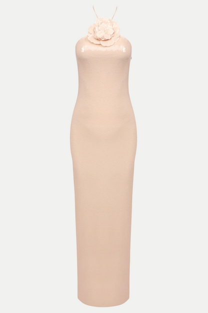 Vidonia Halter Floral Sequin Maxi Dress - Nude