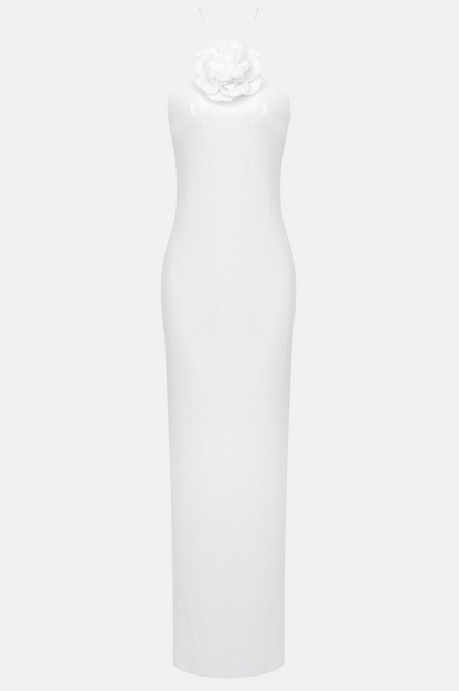 Vidonia Halter Floral Sequin Maxi Dress - White