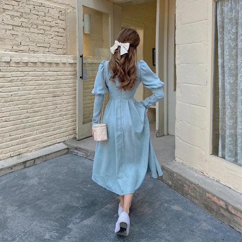 Lace Collar Mock Neck Puff Sleeve Button Front A-Line Maxi Dress