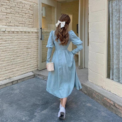 Lace Collar Mock Neck Puff Sleeve Button Front A-Line Maxi Dress