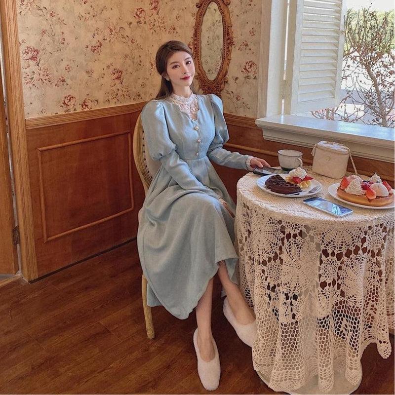 Lace Collar Mock Neck Puff Sleeve Button Front A-Line Maxi Dress