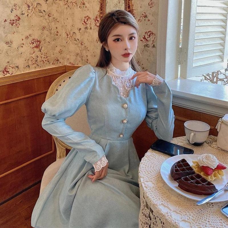 Lace Collar Mock Neck Puff Sleeve Button Front A-Line Maxi Dress