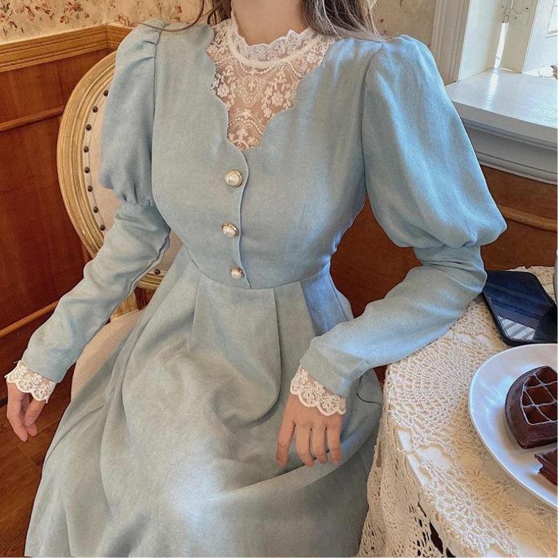 Lace Collar Mock Neck Puff Sleeve Button Front A-Line Maxi Dress
