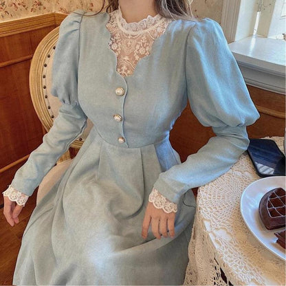 Lace Collar Mock Neck Puff Sleeve Button Front A-Line Maxi Dress