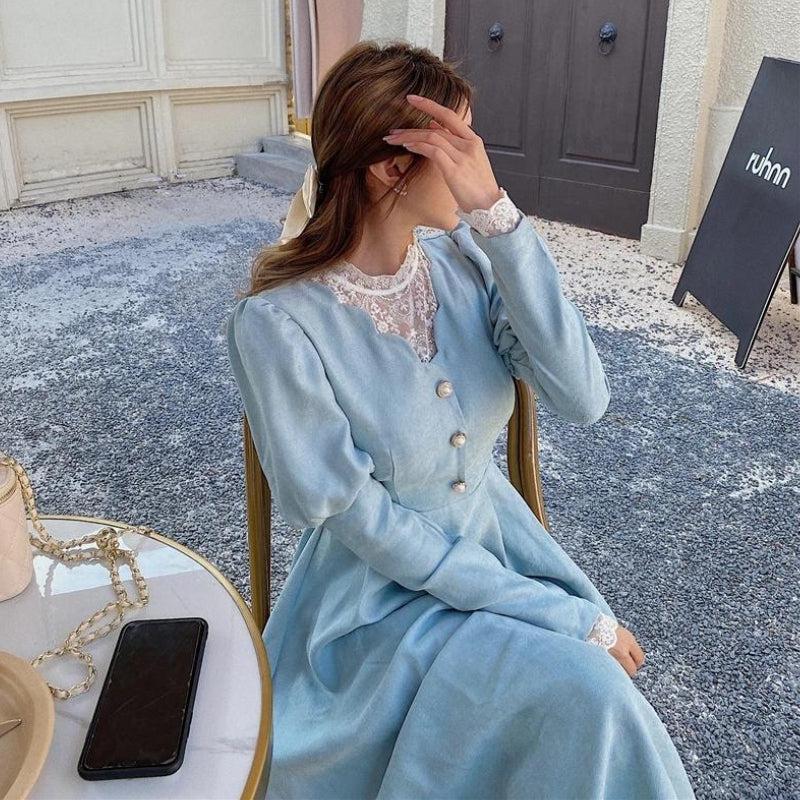 Lace Collar Mock Neck Puff Sleeve Button Front A-Line Maxi Dress