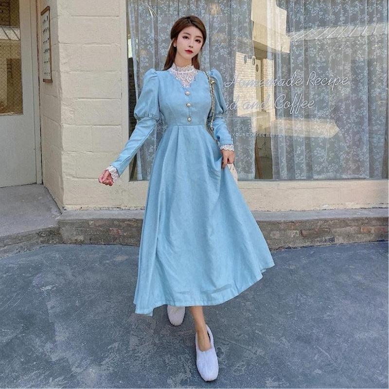 Lace Collar Mock Neck Puff Sleeve Button Front A-Line Maxi Dress