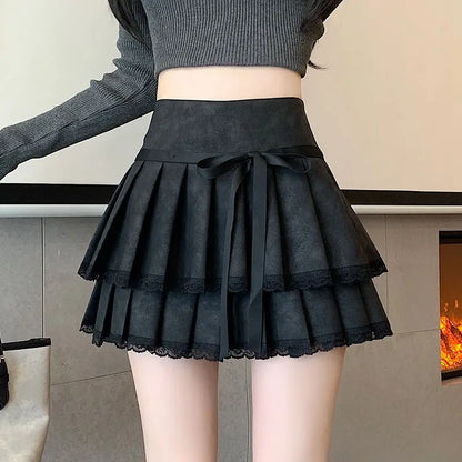 Vintage Bow Pleated PU Skirt