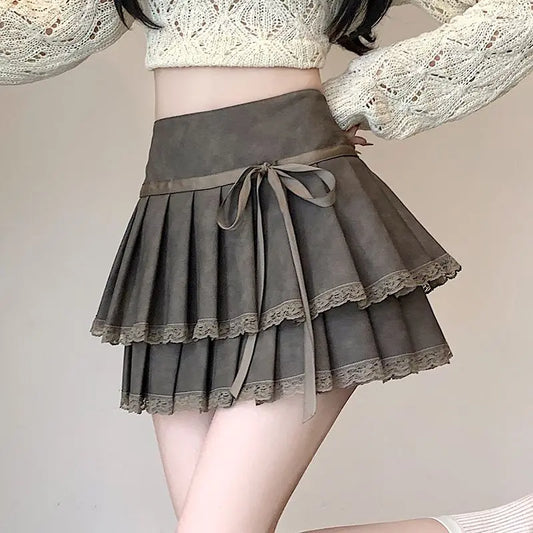 Vintage Bow Pleated PU Skirt