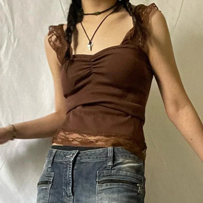 Vintage Brown Lace Patchwork Open Back Slim Fit Fairy Grunge Y2K Camis Crop Top