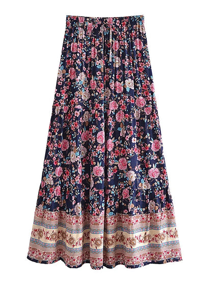 Vintage Fashion Beach Floral Print Hippie Skirt High Elastic A-Line Boho