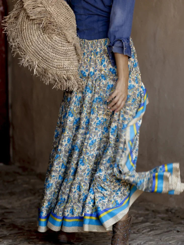 Vintage Fashion Ethnic Floral Print Beach Bohemian Irregular A-Line Boho Skirt