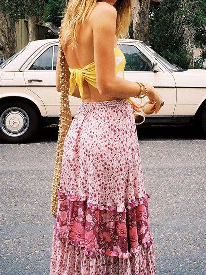 Vintage Pink Floral Ruffles Beach Bohemian A-Line Maxi Skirt