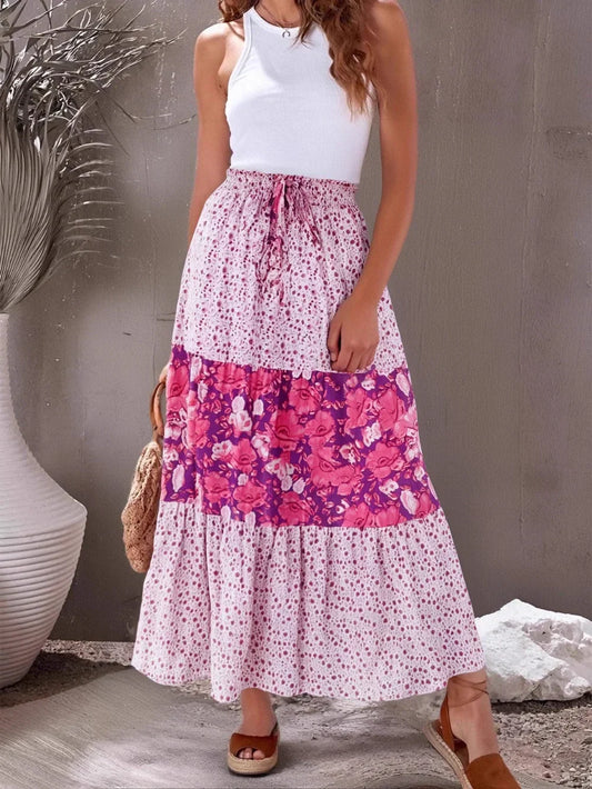 Vintage Pink Floral Ruffles Beach Bohemian A-Line Maxi Skirt