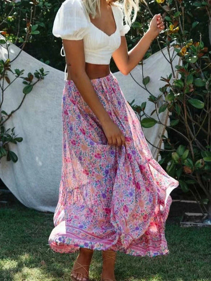 Vintage Pink Floral Print Split Beach Bohemian Maxi Skirt