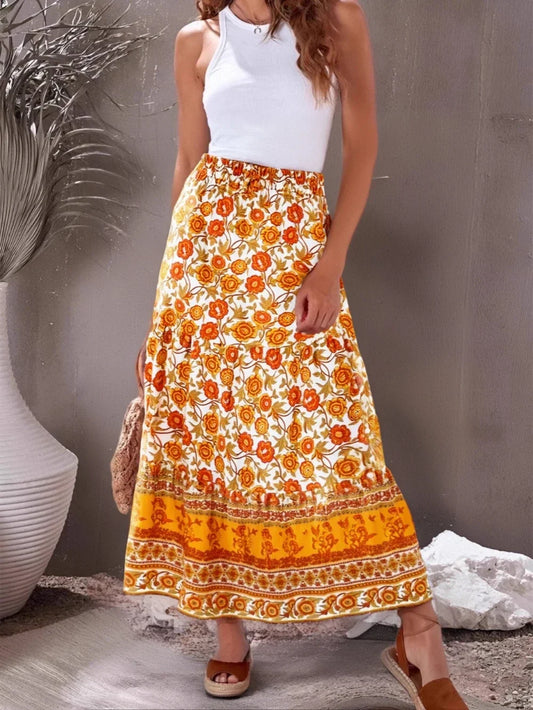 Vintage Summer Fashion Yellow Floral Printed Beach Bohemian Cotton Rayon Skirt