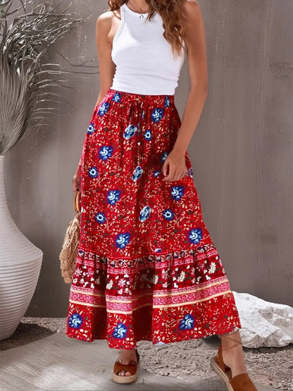 Vintage Chic Red Floral Printed Beach Bohemian Rayon Pleated A-Line Skirt