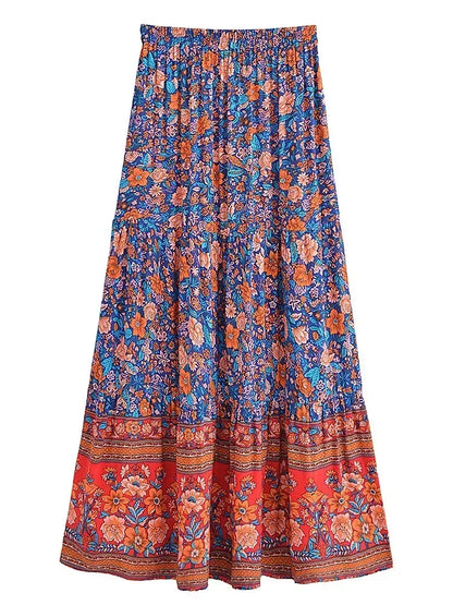 Tassel Floral Print Beach Boho Pleated Maxi Skirt Femme