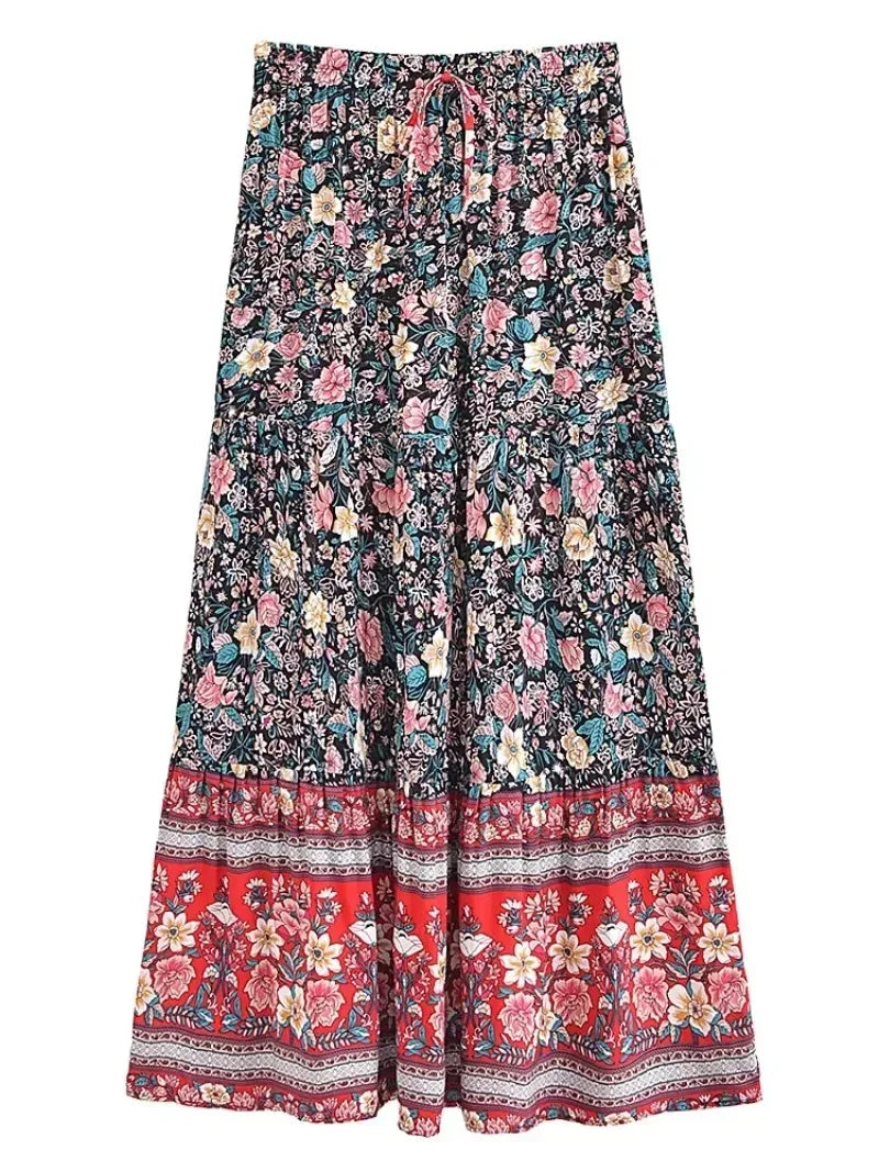 Tassel Floral Print Beach Boho Pleated Maxi Skirt Femme
