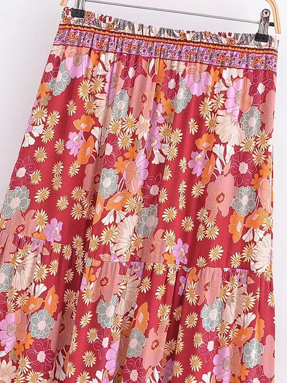 Tassel Elastic Waist Floral Printed Beach Boho Pleated Maxi Skirt