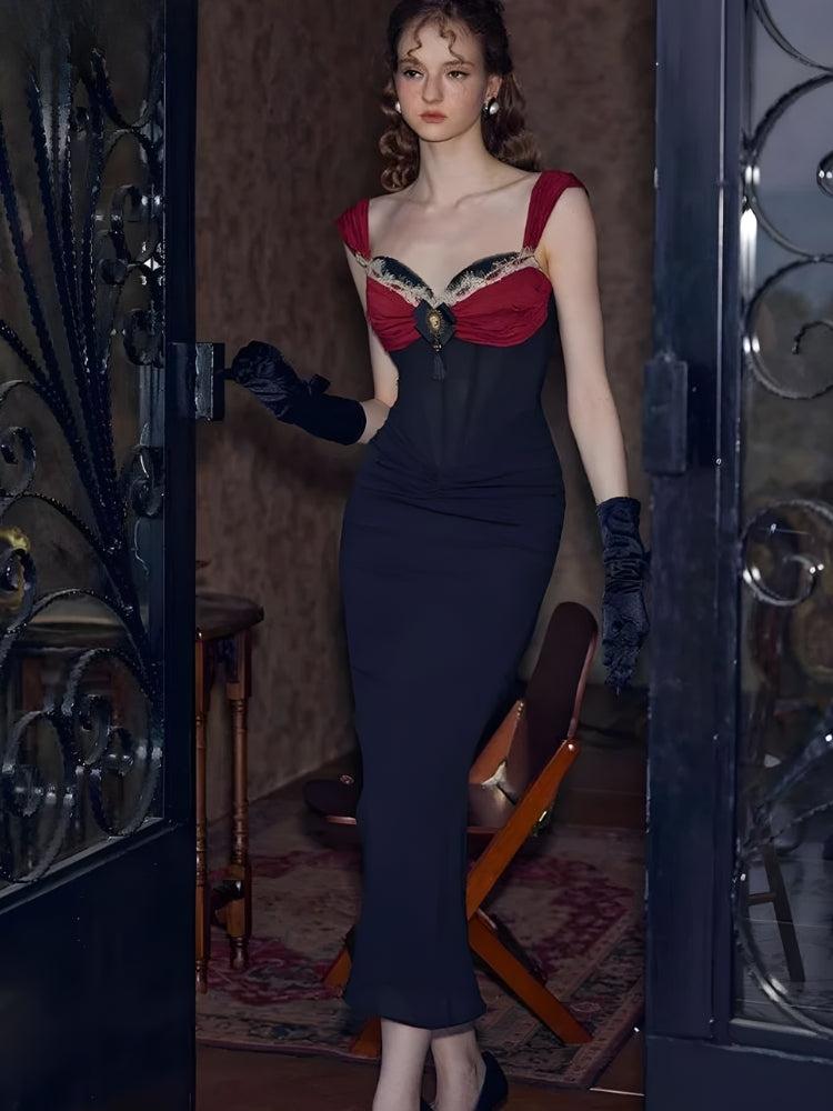 Cameo Bow Lace Trim Corset Bodice Ruched Bodycon Maxi Dress
