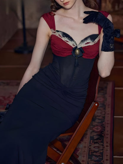 Cameo Bow Lace Trim Corset Bodice Ruched Bodycon Maxi Dress