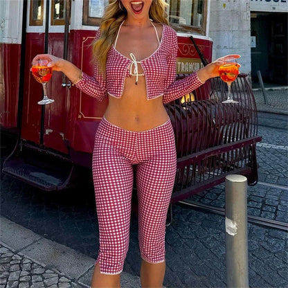 Vintage Cottage Slim Fit T-shirt Plaid Tie Front Crop Top Low Waist Pants Two Pieces Set