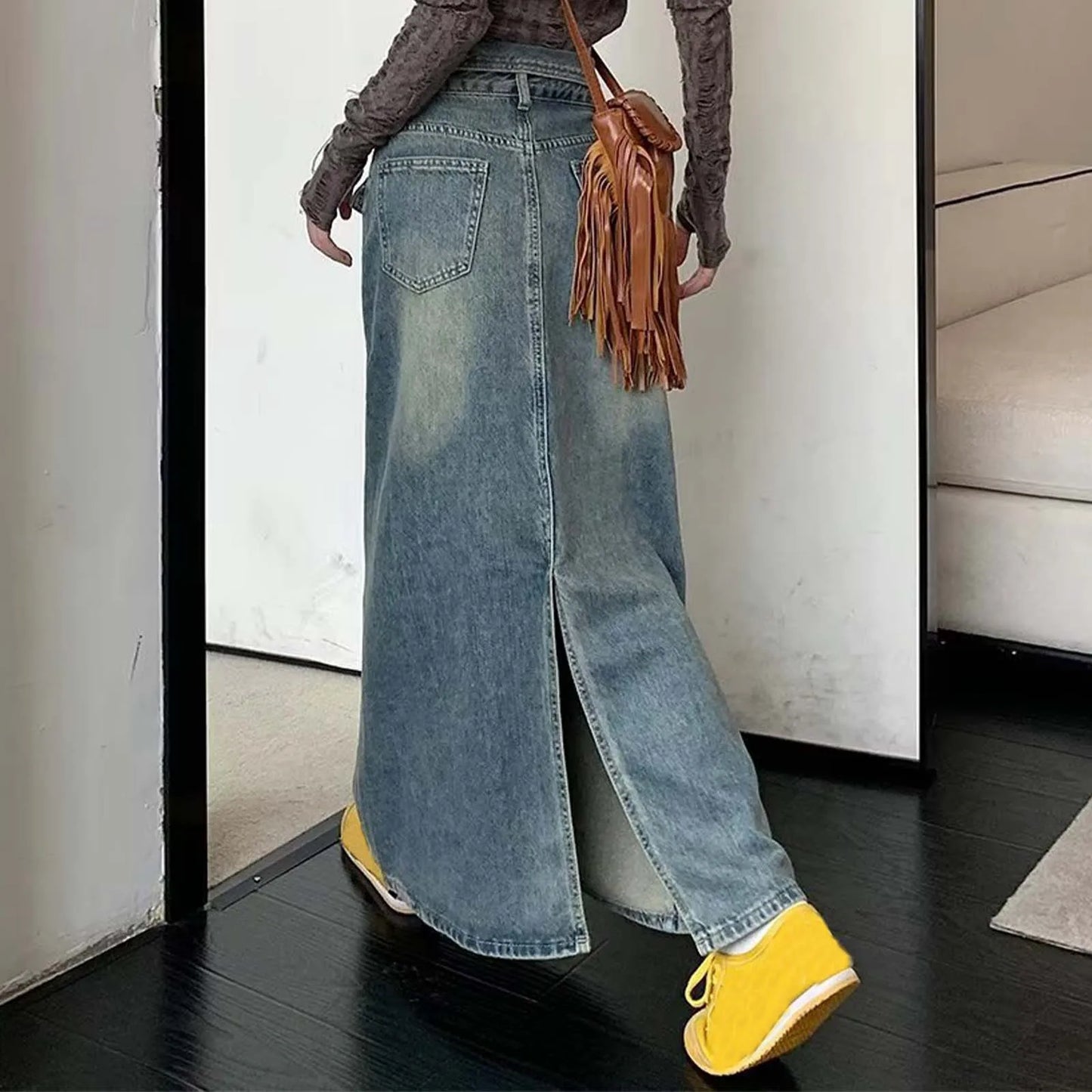 Loose Midi Wrap Denim Skirt