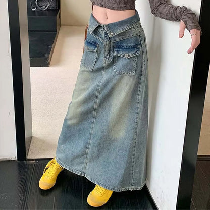Loose Midi Wrap Denim Skirt