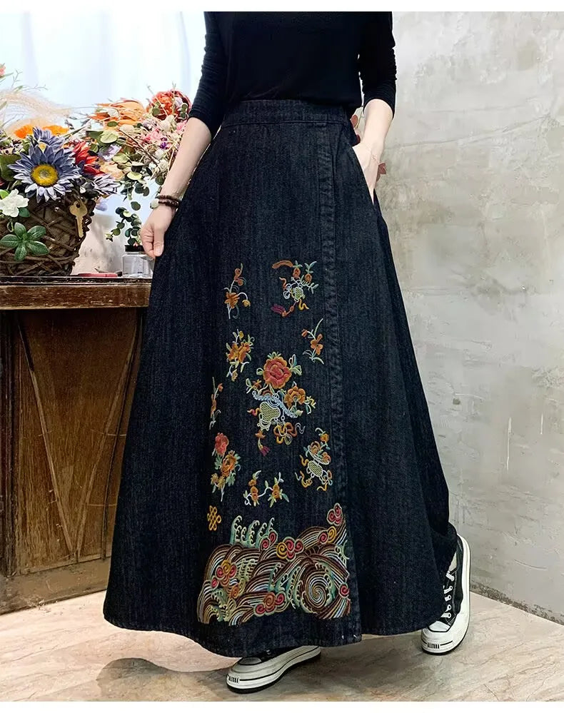 Embroidery Denim High Waist Japanese Mori Long Casual Skirt