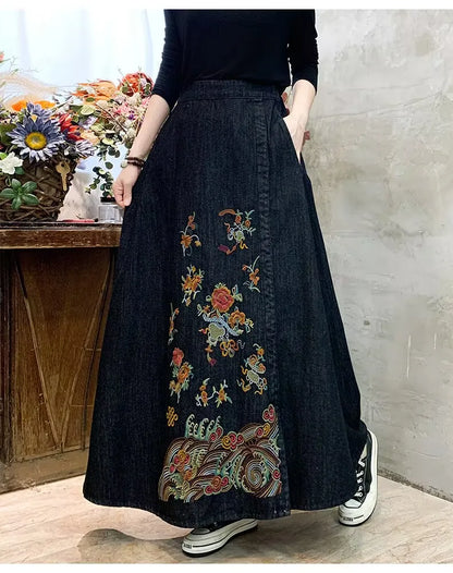Embroidery Denim High Waist Japanese Mori Long Casual Skirt