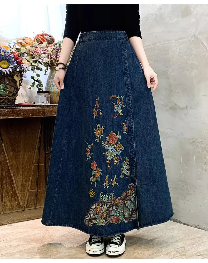 Embroidery Denim High Waist Japanese Mori Long Casual Skirt