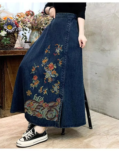 Embroidery Denim High Waist Japanese Mori Long Casual Skirt