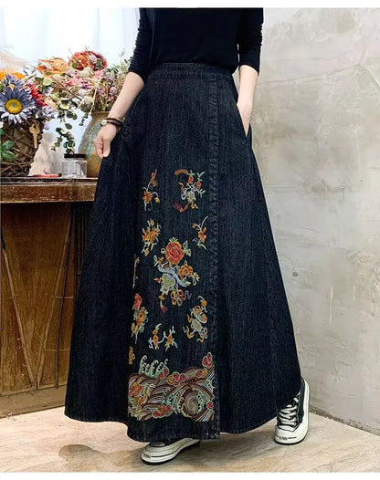 Embroidery Denim High Waist Japanese Mori Long Casual Skirt