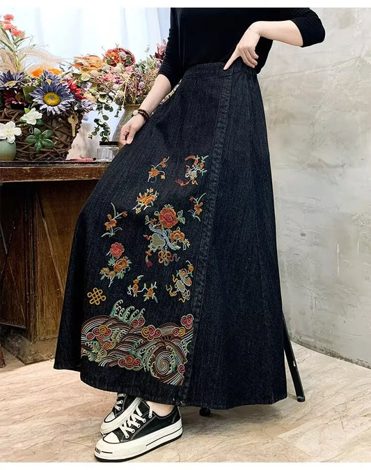 Embroidery Denim High Waist Japanese Mori Long Casual Skirt