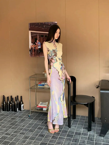 Watercolor Print Mandarin Collar Keyhole Sleeveless Cheongsam Maxi Dress