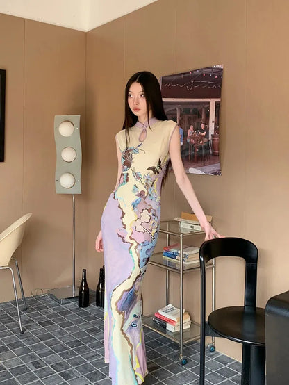 Watercolor Print Mandarin Collar Keyhole Sleeveless Cheongsam Maxi Dress