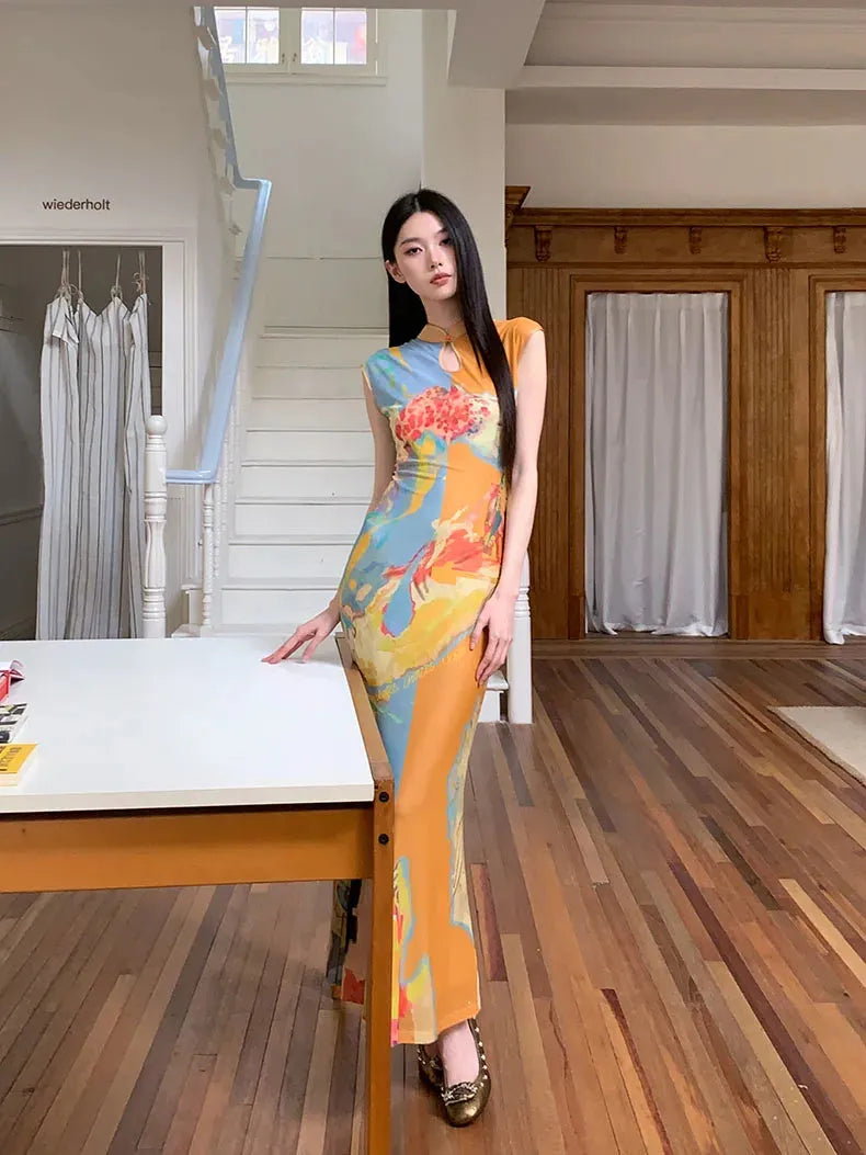 Watercolor Print Mandarin Collar Keyhole Sleeveless Cheongsam Maxi Dress