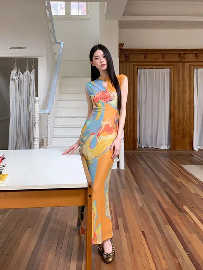 Watercolor Print Mandarin Collar Keyhole Sleeveless Cheongsam Maxi Dress