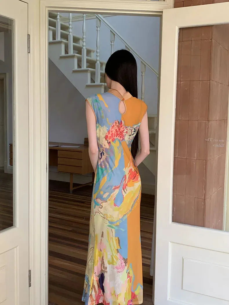 Watercolor Print Mandarin Collar Keyhole Sleeveless Cheongsam Maxi Dress