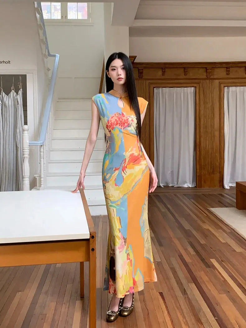 Watercolor Print Mandarin Collar Keyhole Sleeveless Cheongsam Maxi Dress