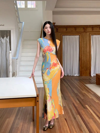 Watercolor Print Mandarin Collar Keyhole Sleeveless Cheongsam Maxi Dress