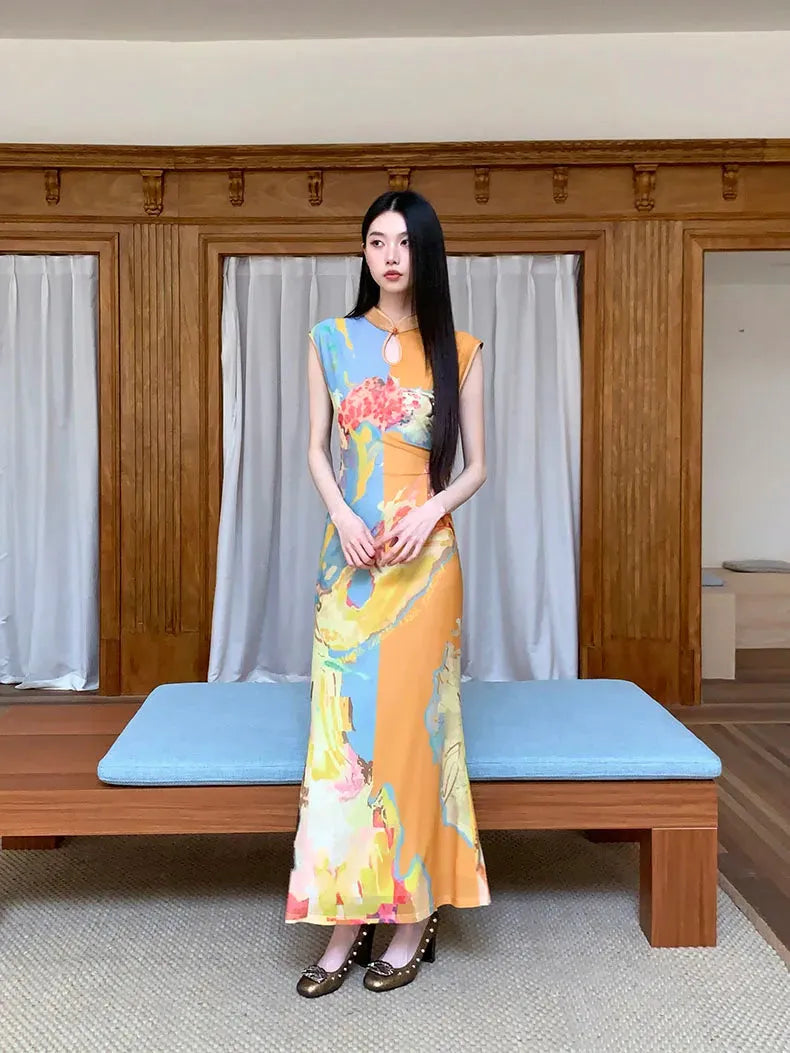 Watercolor Print Mandarin Collar Keyhole Sleeveless Cheongsam Maxi Dress