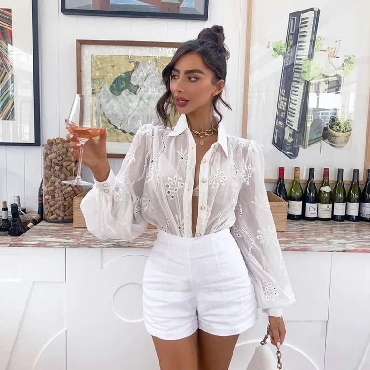 Vintage Floral Embroidery Hollow Out Puff Sleeve Boho Blouse