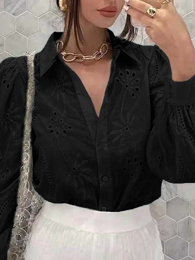 Vintage Floral Embroidery Hollow Out Puff Sleeve Boho Blouse