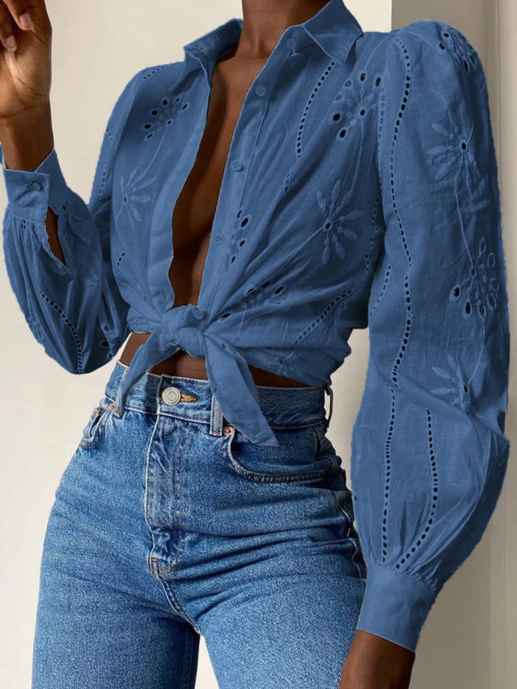 Vintage Floral Embroidery Hollow Out Puff Sleeve Boho Blouse