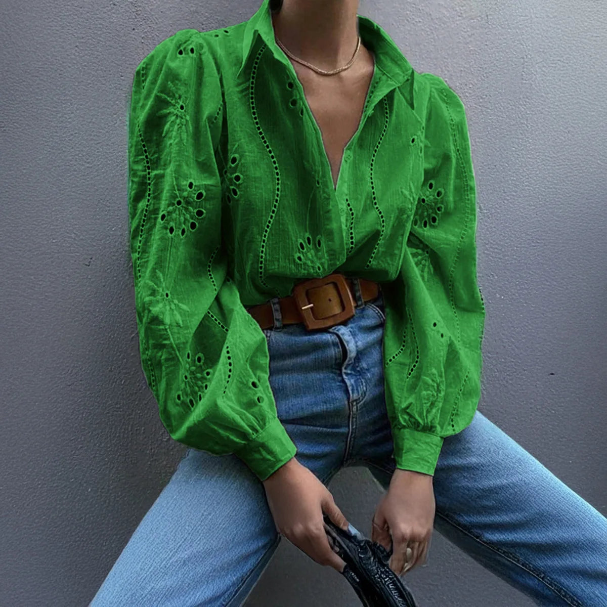Vintage Floral Embroidery Hollow Out Puff Sleeve Boho Blouse
