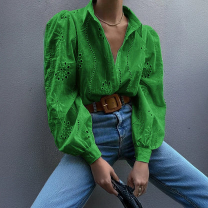 Vintage Floral Embroidery Hollow Out Puff Sleeve Boho Blouse